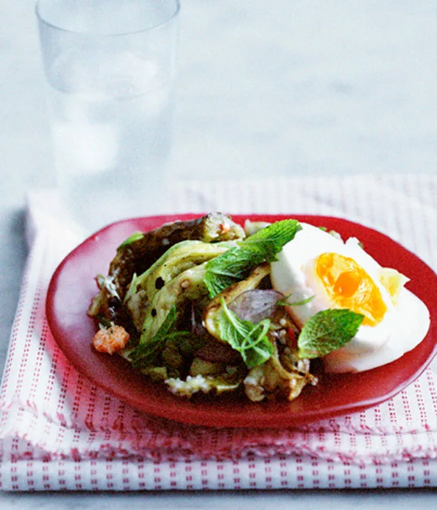 Smoky eggplant salad with mint, red shallot and steamed egg