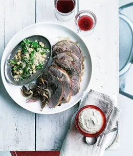 Roast rolled lamb with baba ghanoush and mint and parsley salad