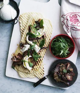 Marinated eggplant, basil and mozzarella piadine