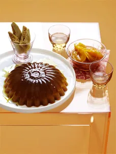 Honey, saffron and apricot jelly with honeycomb