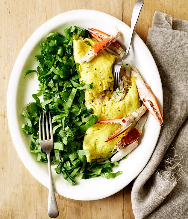 Blue swimmer crab omelette with sorrel