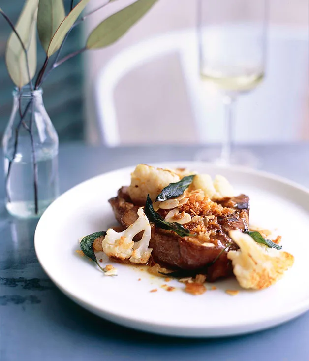 Veal T-bones with anchovy crumbs, cauliflower and sage