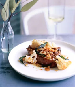 Veal T-bones with anchovy crumbs, cauliflower and sage