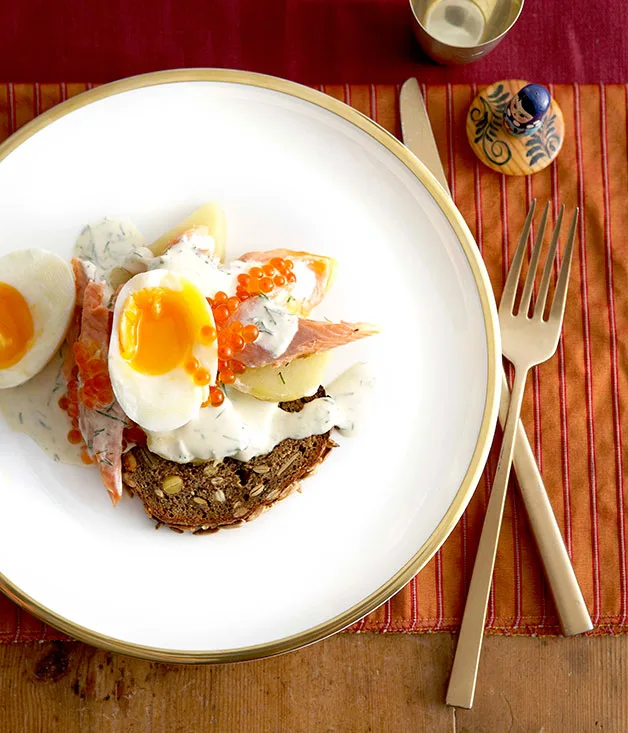 Smoked fish and egg salad on rye toasts