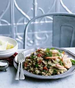 Grilled prawns and calamari with spiced eggplant pilaf