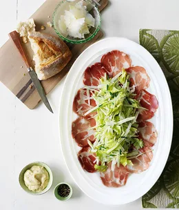 Coppa with celery rémoulade and Pecorino