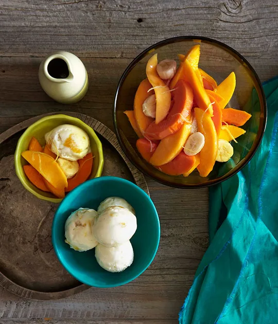 Mango yoghurt sorbet with tropical fruit | Gourmet Traveller