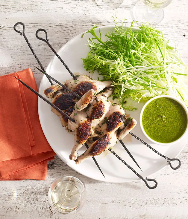 Spatchcocks with salsa verde and frisée