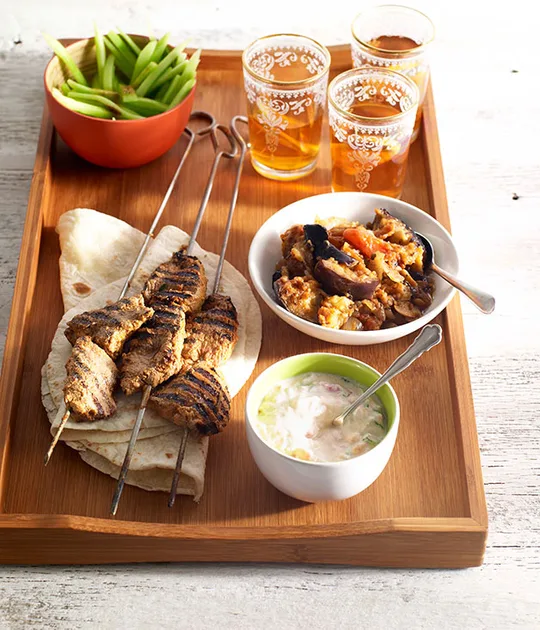 Lamb Tikka Kebabs with Spiced Eggplant and Cucumber Salad