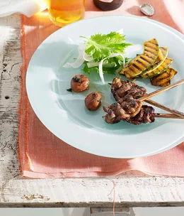 Duck yakitori with pumpkin, shiso and daikon salad and plum dipping sauce