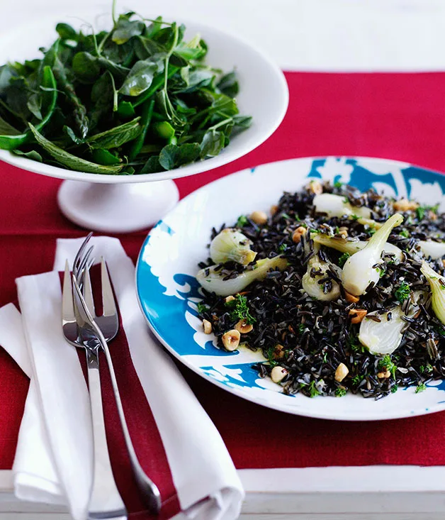 Wild rice with glazed onions and hazelnuts