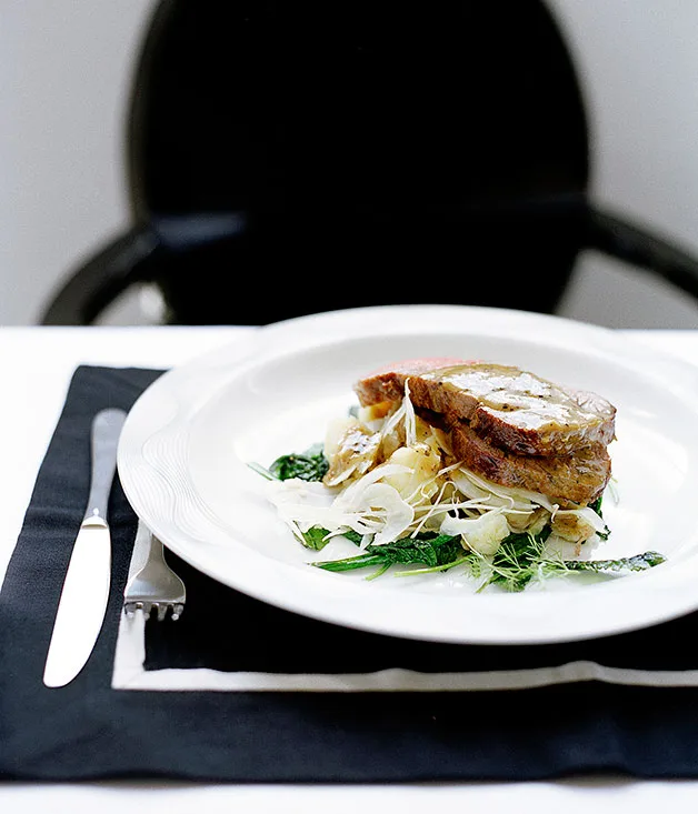 Roast scotch fillet with black pepper dressing and potato and fennel salad