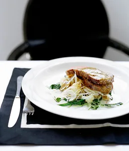 Roast scotch fillet with black pepper dressing and potato and fennel salad