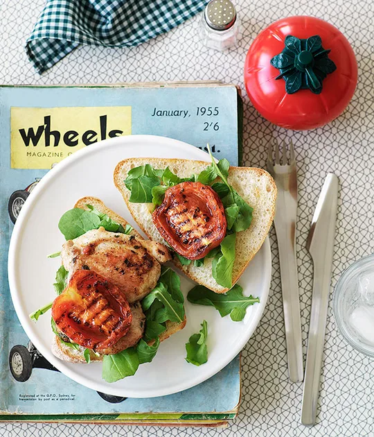 Chicken, garlic and tomato burgers | Gourmet Traveller