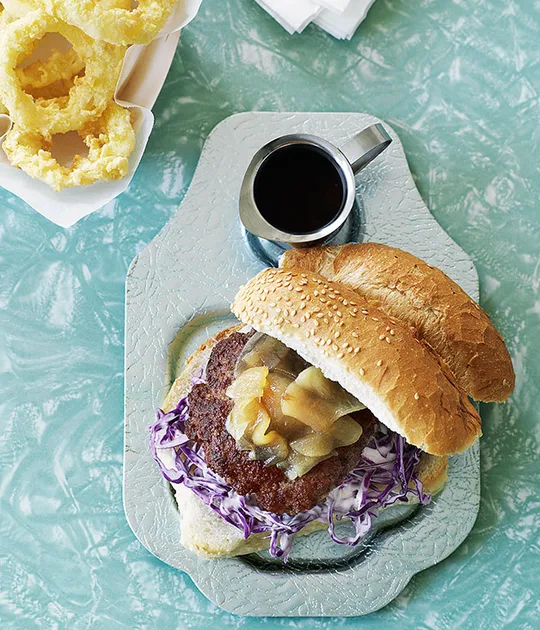 Pork burgers with pear relish and onion rings | Gourmet Traveller