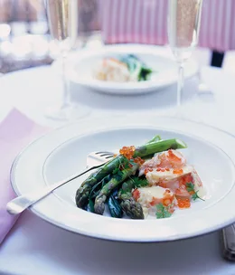 Champagne-poached lobster with asparagus and baby leeks