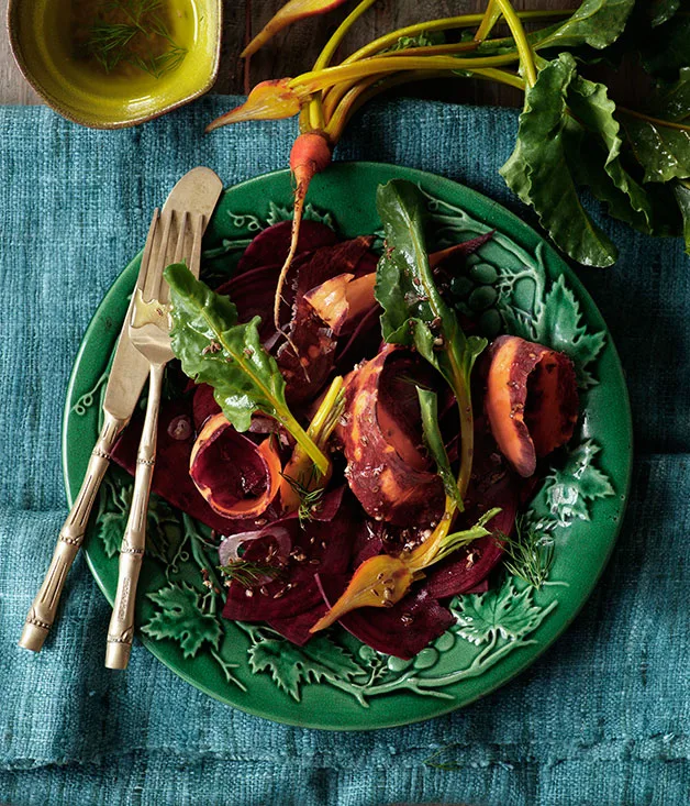 Purple carrot and beetroot salad with dill seed dressing