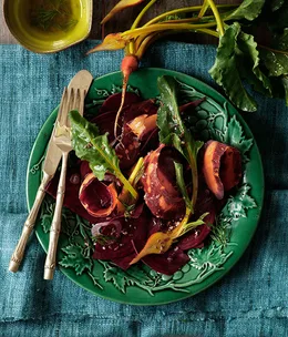 Purple carrot and beetroot salad with dill seed dressing
