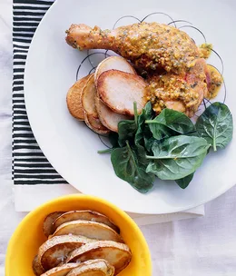 Saffron-braised chicken with pounded almond and garlic sauce