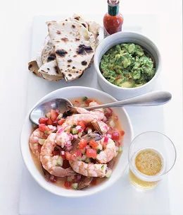 Prawn ceviche with guacamole and white corn tortillas
