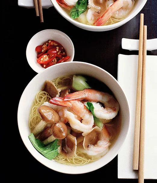 Chestnut mushroom and prawn noodle soup