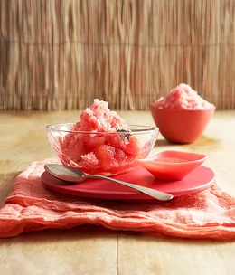 Watermelon salad with rose and mint syrup and watermelon ice