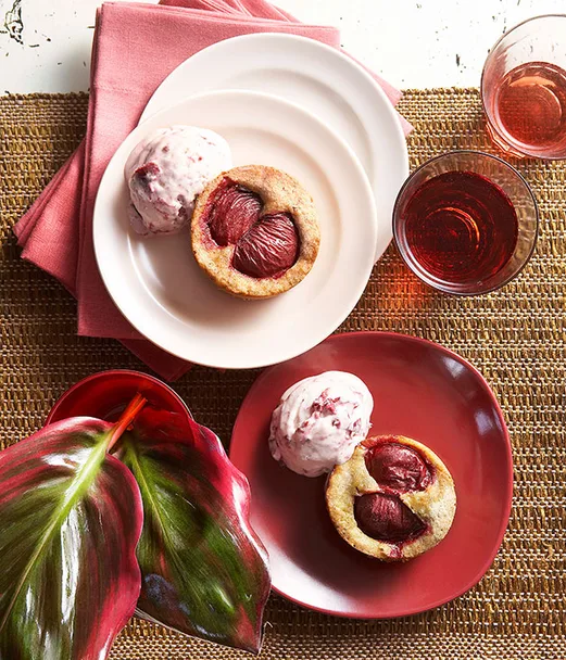 Plum burnt-butter cakes with plum semifreddo