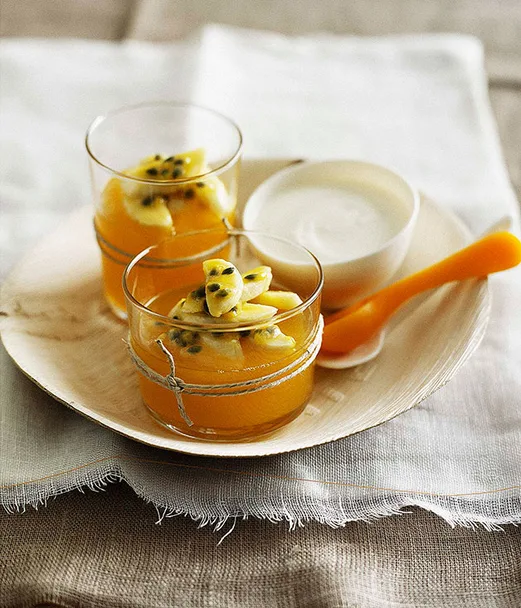 Passionfruit jellies with banana and honey yoghurt