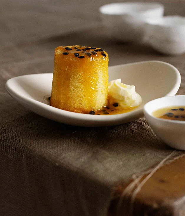 Baby lime cakes with passionfruit syrup and cream