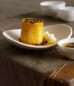 Baby lime cakes with passionfruit syrup and cream