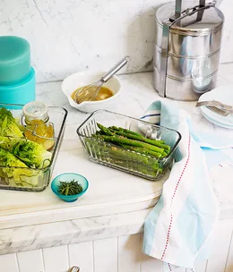 Asparagus and soft egg salad with toasted almonds