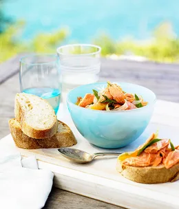 Poached ocean trout, fennel and orange salad with baguette