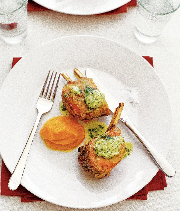 Roast double lamb cutlets with pumpkin puree and rosemary butter