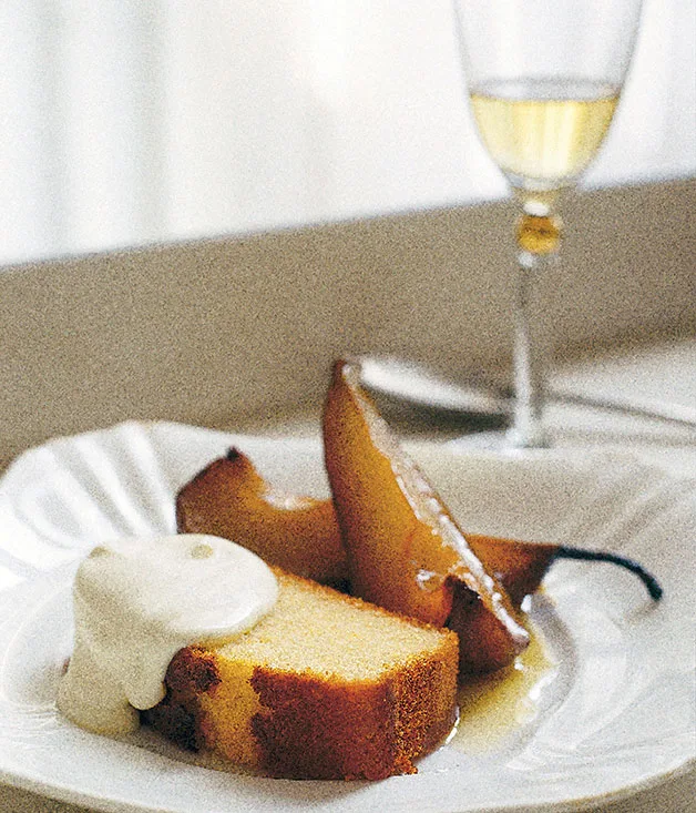 Olive oil and sauternes cake with roast pears