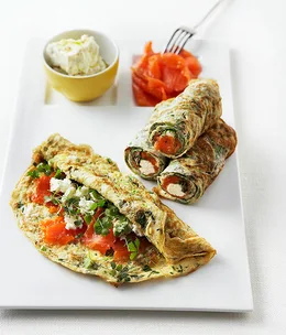 Thin herb frittatas with feta and smoked ocean trout