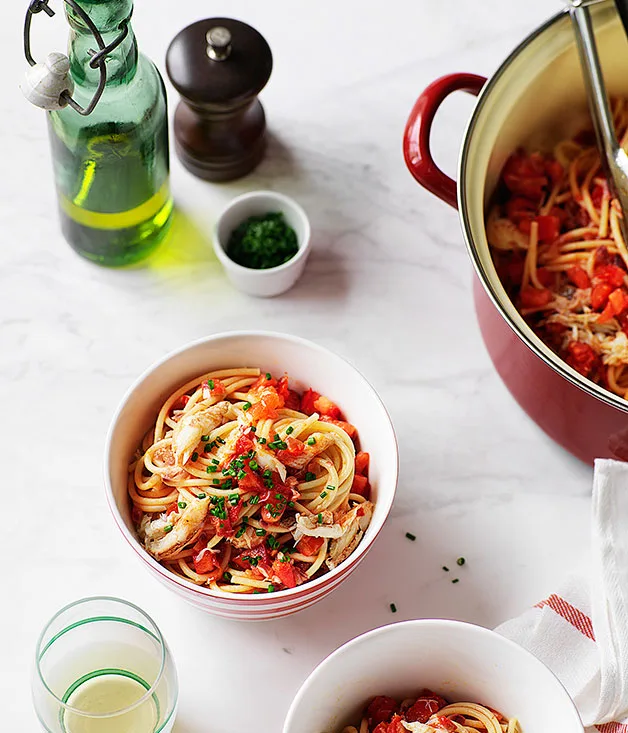 Bigoli with crab, tomatoes and anchovy