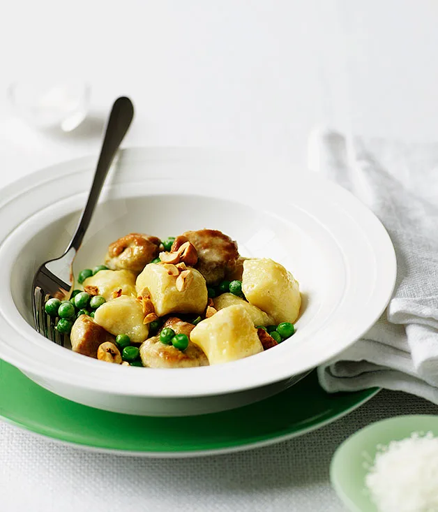 Gnocchi with sweetbreads, peas and hazelnuts