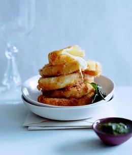 Fried mozzarella with anchovy, caper and parsley sauce