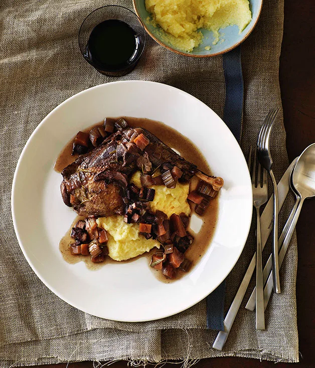 Red wine-braised pheasant with polenta