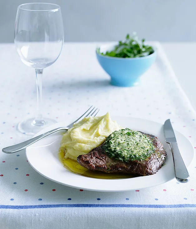 Onglet steak with green garlic butter and potato puree