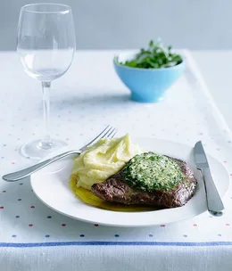 Onglet steak with green garlic butter and potato puree