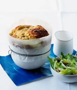 Blue cheese soufflé with walnut and celery salad