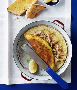 Smoked trout and chive soufflé omelette with lemon beurre noisette