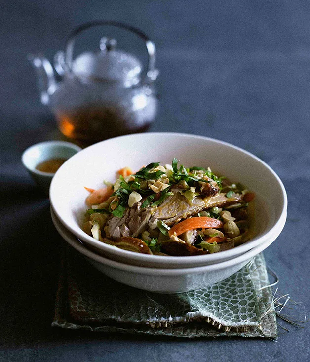 Cantonese roast duck salad with pickled daikon, carrot and celery