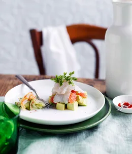 Mackerel ceviche with avocado, ruby grapefruit and spanner crab