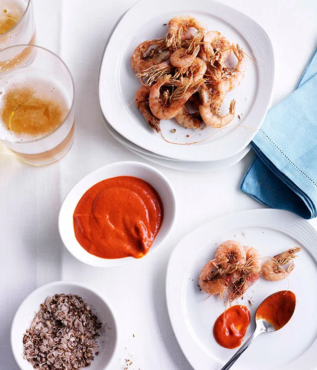 Clarence River school prawns with cumin salt and harissa