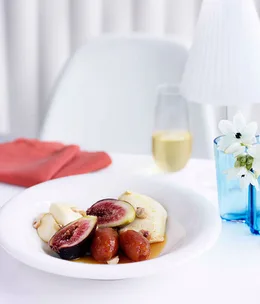 Honey mousse with roast dates, fig and hazelnuts