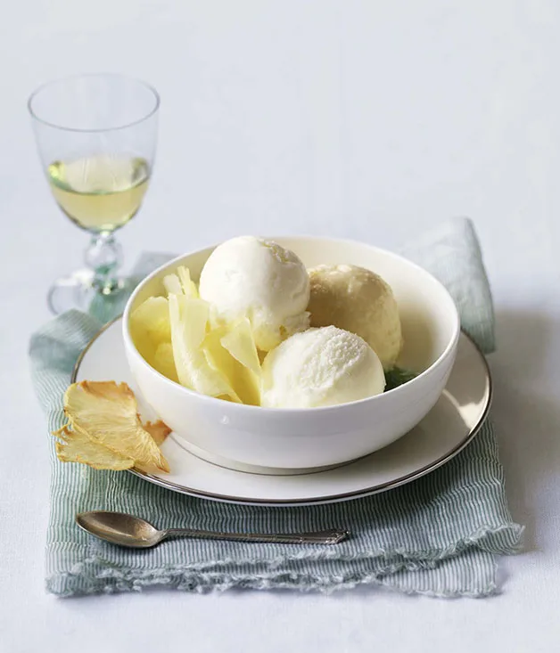 Roast pineapple gelato, spiced yoghurt sorbet and cucumber jelly