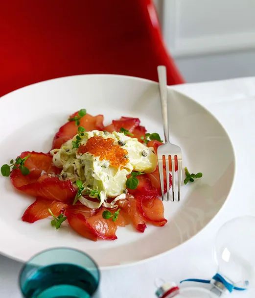 Beetroot-cured salmon with fennel, capers and kipfler potatoes