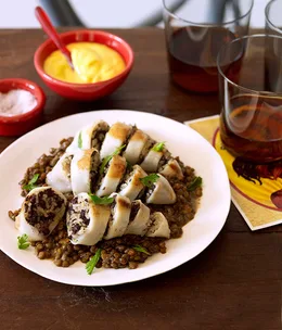 Morcilla-stuffed squid with lentils and saffron alioli